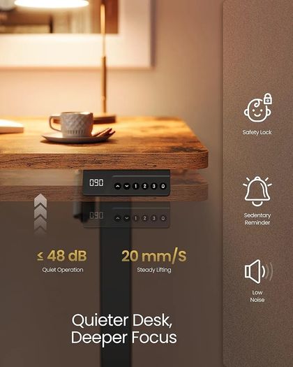 Electric Standing Desk, Height Adjustable Desk, Sedentary Reminder, 4 Memory Heights, for Home Office, 120 x 60 cm, Rustic Brown