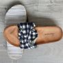Brown leather look sandals with checkered top Image 4