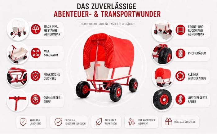 Handcart heavy duty  holds  up to 180 kg Handcart Wood up to 180 kg 4 Profile Pneumatic Tyres Hand Trolley Transport Trolley All-Round Steel Tube Frame Red Garden Trolley