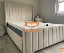King Size Bed Frame 5ft Beige Upholstered Linen Platform W/ Tufted Headboard