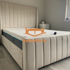 King Size Bed Frame 5ft Beige Upholstered Linen Platform W/ Tufted Headboard