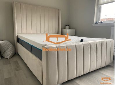 King Size Bed Frame 5ft Beige Upholstered Linen Platform W/ Tufted Headboard