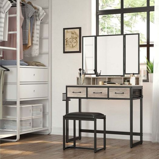 Dressing table with stool Dressing table With 3 Tri-Fold Mirror & 4 Drawer Stool Set, Makeup Vanity Table, Cosmetic Bedroom Dresser Make Up Desk For Bedroom Furniture