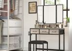 Dressing Table with Padded Stool, Dressing Table with Triple Mirror, 3 Drawers, Hair Dryer Holder, Cosmetic Table, Modern Style, Greige-Black