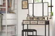 Dressing Table with Padded Stool, Dressing Table with Triple Mirror, 3 Drawers, Hair Dryer Holder, Cosmetic Table, Modern Style, Greige-Black