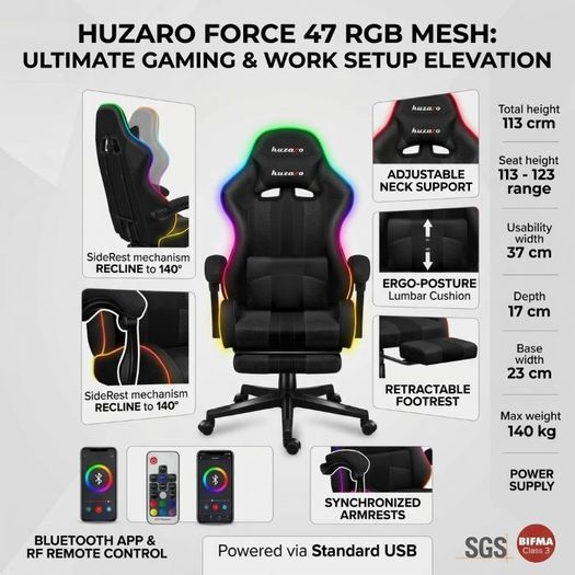 Huzaro Force 47 RGB Mesh Gaming Chair with Footrest - Black