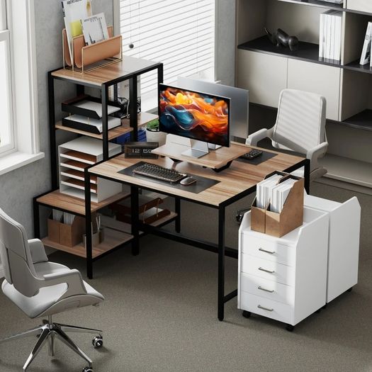 Computer Desk with Monitor Stand, Desk with 4-Tier Shelf, Industrial Design, Brown