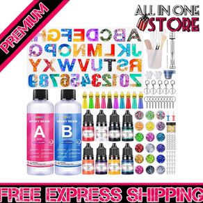 Epoxy Resin Kits for Beginners, 192 Pcs Letter Number Resin Moulds Silicone Keyring Making Kit, with 400ml Clear Resin, Resin Accessories/Pigment/Glitter Sequin/Gold Leaf/Keychain Tassels (FREE SHIPPING)