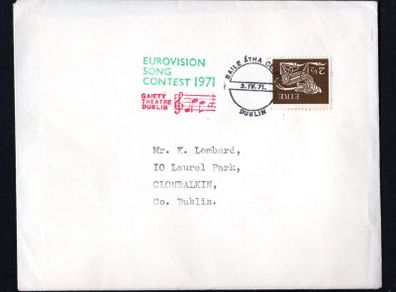 1971 Ireland Eurovision Song Contest in Dublin (Gaiety Theatre Dublin) Cancel tying 2 1/2p Gerl definitive on plain cover