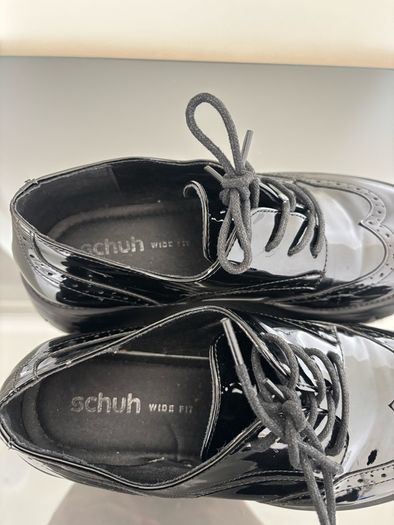 Schuh Wide Fit Black Patent Chunky Brogues