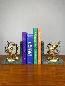 Vintage Mid Century Brass & Marble Armillary Sphere Bookends