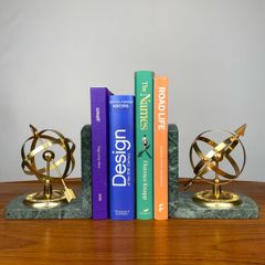 Vintage Mid Century Brass & Marble Armillary Sphere Bookends