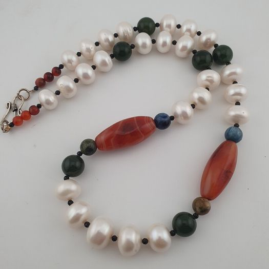 Authentic Freshwater Pearl Necklace with African Carnelian & Jade Beads