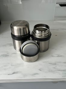 Set of 2 stainless steel insulated food flasks for sale.