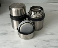 Set of 2 stainless steel insulated food flasks for sale.