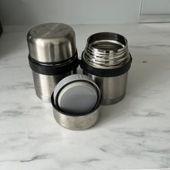 Set of 2 stainless steel insulated food flasks for sale.