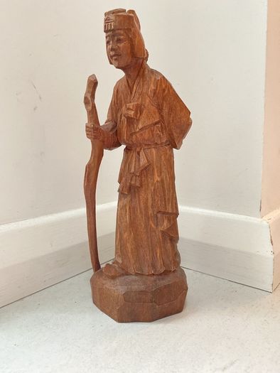 Vintage Wooden hand Carved Asian Figurine old Korean woman with a stick