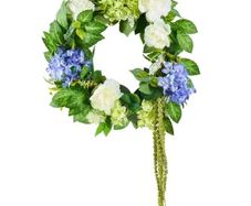 Artificial Decorative Wreath 23 in Blue White Green with Hydrangeas Roses