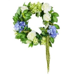 Artificial Decorative Wreath 23 in Blue White Green with Hydrangeas Roses