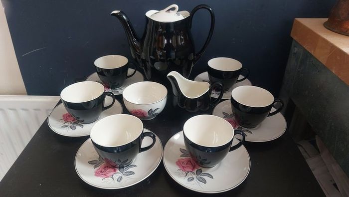 Stunning Vintage MCM 1950's Coffee Set for Six, Including Coffee Pot, by Johnson Bros, in Black and Cream with Pink Rose Detailing and Platinum Gilt Design