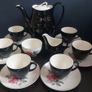 Stunning Vintage MCM 1950's Coffee Set for Six, Including Coffee Pot, by Johnson Bros, in Black and Cream with Pink Rose Detailing and Platinum Gilt Design Image 2