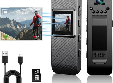 Mini Body Camera, HD 1080P Wearable Body Cam, Small Pocket Camera with 32GB SD Card, Night Vision, 1.3-inch Display, 180 Rotating Lens, Portable Video Recorder for Law Enforcement Sports Delivery