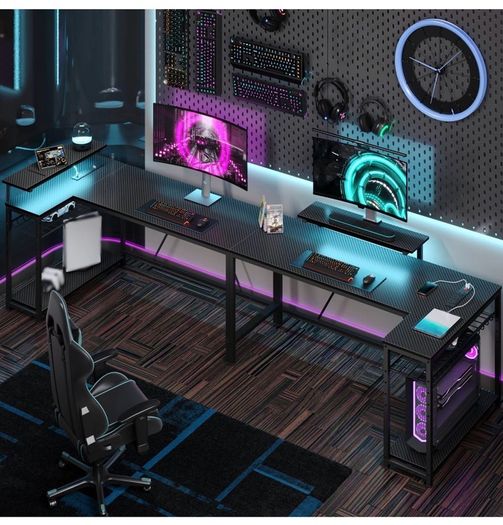 147CM L-Shaped Gaming Desk with RGB Lights & Power Outlets