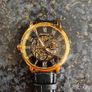 Skeleton Mechanical Watch Black & Gold Case with Black Leather Strap Image 3