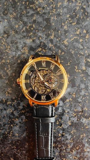Skeleton Mechanical Watch Black & Gold Case with Black Leather Strap