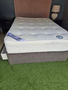 Bed frame, mattress, headboard, 2 night stands and lamp