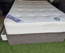 Bed frame, mattress, headboard, 2 night stands and lamp