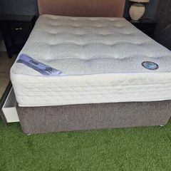 Bed frame, mattress, headboard, 2 night stands and lamp