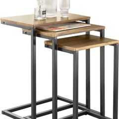 Set of 3 Nesting Tables Modern Industrial Coffee Tables Space Saving Design Natural Wood and Black Metal
