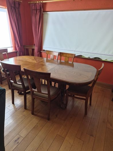 Oak dining table and 10 chairs