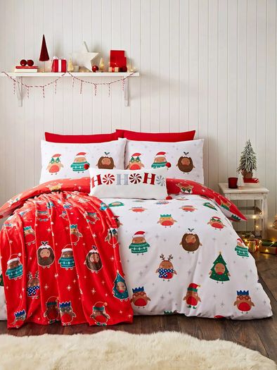 Catherine Lansfield Christmas Robins Christmas Duvet Set - King Size Reversible