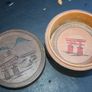Vintage Beautiful carved and turned wood teak Japanese scene trinket or coaster box. H-2,6" X 4,2" Image 2