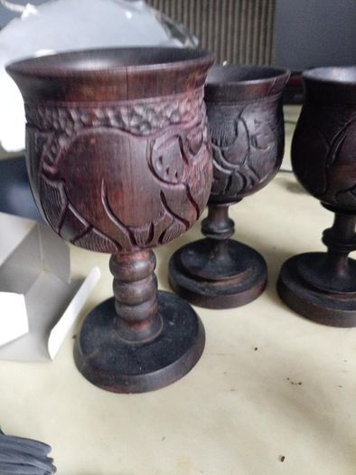 Set of 6 Hand-Carved African Wildlife Wooden Goblets  Vintage