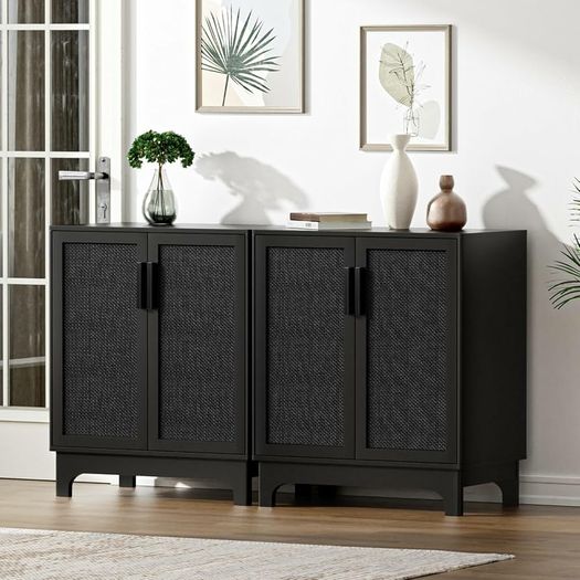 Black Sideboard for Living Room Rattan Buffet Storage Cabinets with Adjustable Shelves, Magnetic Closure, Accent Cabinet Cupboard for Kitchen Hallway Dining Room Furniture 80 x 40 x 89 cm