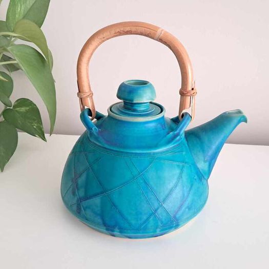 Turquoise Rustic Stoneware - Pottery Teapot With Bamboo Handle