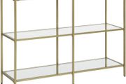 _Console table, hall table, 3 levels, side table, shelves made of tempered glass, 100 x 30 x 73 cm, metal frame, modern, for hall, living room, bedroom, gold-colored