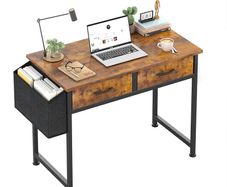 Computer Office Desk for Small Space with Fabric Drawers, Home Office Desk for Bedroom with Side Pocket and Hook 80CM Brown Kids Desks