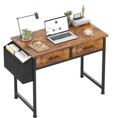 Computer Office Desk for Small Space with Fabric Drawers, Home Office Desk for Bedroom with Side Pocket and Hook 80CM Brown Kids Desks