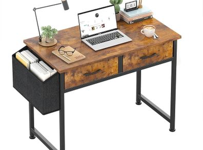 Computer Office Desk for Small Space with Fabric Drawers, Home Office Desk for Bedroom with Side Pocket and Hook 80CM Brown Kids Desks