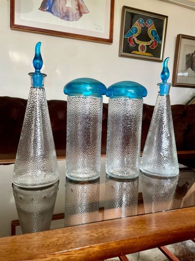 Set of Glass Genie Bottles with Turquoise Blue Flame Stoppers and Tall Containers with Mushroom Lids MCM Retro