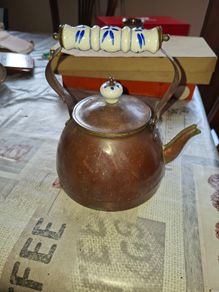 Copper Tea Kettle Blue-and-White Delf Ceramic Handle and matching Lid Knob, Postage Available