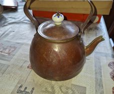 Copper Tea Kettle Blue-and-White Delf Ceramic Handle and matching Lid Knob, Postage Available