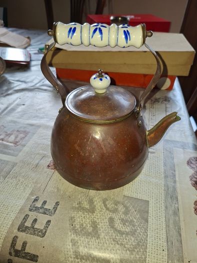 Copper Tea Kettle Blue-and-White Delf Ceramic Handle and matching Lid Knob, Postage Available