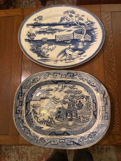 2 Antique blue and white platters