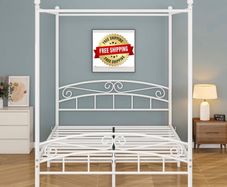 Canopy Bed Frame King Size with Ornate European Style Headboard & Footboard