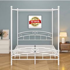 Canopy Bed Frame King Size with Ornate European Style Headboard & Footboard